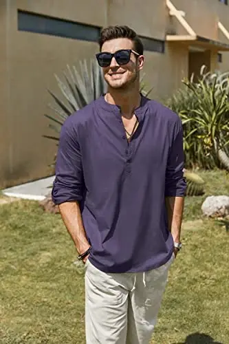 COOFANDY Men's Cotton Linen Henley T-Shirt Long Sleeve Hippie Casual Beach T-Shirts - 3