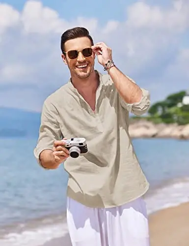 COOFANDY Men's Cotton Linen Henley T-Shirt Long Sleeve Hippie Casual Beach T-Shirts - 3