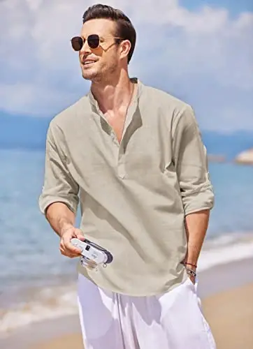 COOFANDY Men's Cotton Linen Henley T-Shirt Long Sleeve Hippie Casual Beach T-Shirts - 4