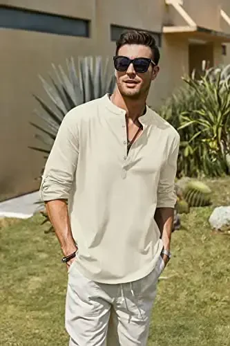 COOFANDY Men's Cotton Linen Henley T-Shirt Long Sleeve Hippie Casual Beach T-Shirts - 3