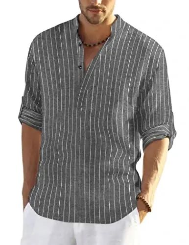 COOFANDY Men's Cotton Linen Henley T-Shirt Long Sleeve Hippie Casual Beach T-Shirts - 1