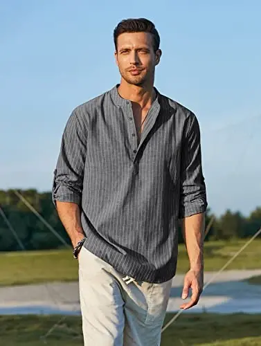 COOFANDY Men's Cotton Linen Henley T-Shirt Long Sleeve Hippie Casual Beach T-Shirts - 4