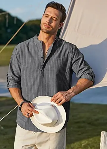 COOFANDY Men's Cotton Linen Henley T-Shirt Long Sleeve Hippie Casual Beach T-Shirts - 5