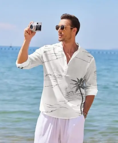 COOFANDY Men's Cotton Linen Henley T-Shirt Long Sleeve Hippie Casual Beach T-Shirts - 3