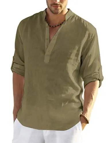 COOFANDY Men's Cotton Linen Henley T-Shirt Long Sleeve Hippie Casual Beach T-Shirts - 1