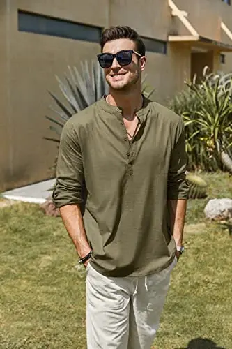 COOFANDY Men's Cotton Linen Henley T-Shirt Long Sleeve Hippie Casual Beach T-Shirts - 3