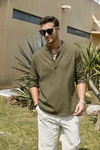 COOFANDY Men's Cotton Linen Henley T-Shirt Long Sleeve Hippie Casual Beach T-Shirts - 4