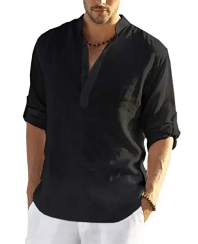 COOFANDY Men's Cotton Linen Henley T-Shirt Long Sleeve Hippie Casual Beach T-Shirts - 1