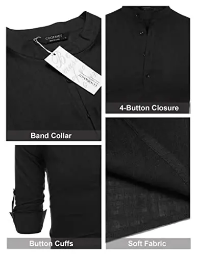 COOFANDY Men's Cotton Linen Henley T-Shirt Long Sleeve Hippie Casual Beach T-Shirts - 6