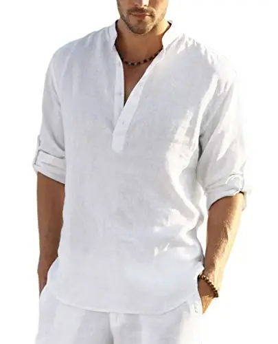 COOFANDY Men's Cotton Linen Henley T-Shirt Long Sleeve Hippie Casual Beach T-Shirts - 1