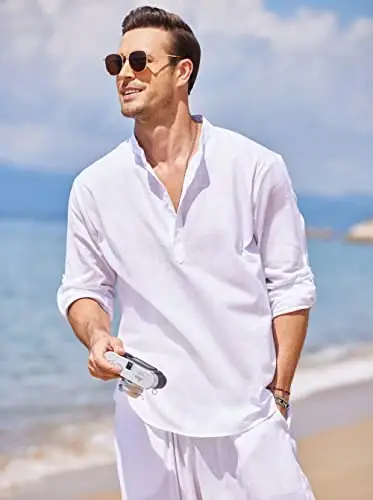 COOFANDY Men's Cotton Linen Henley T-Shirt Long Sleeve Hippie Casual Beach T-Shirts - 3
