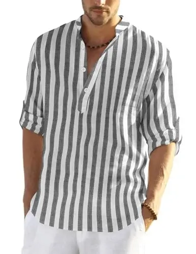 COOFANDY Men's Cotton Linen Henley T-Shirt Long Sleeve Hippie Casual Beach T-Shirts - 1