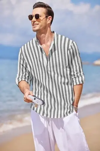 COOFANDY Men's Cotton Linen Henley T-Shirt Long Sleeve Hippie Casual Beach T-Shirts - COOFANDY (1)