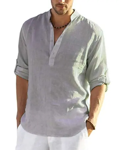 COOFANDY Men's Cotton Linen Henley T-Shirt Long Sleeve Hippie Casual Beach T-Shirts - 1