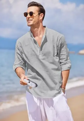 COOFANDY Men's Cotton Linen Henley T-Shirt Long Sleeve Hippie Casual Beach T-Shirts - 2
