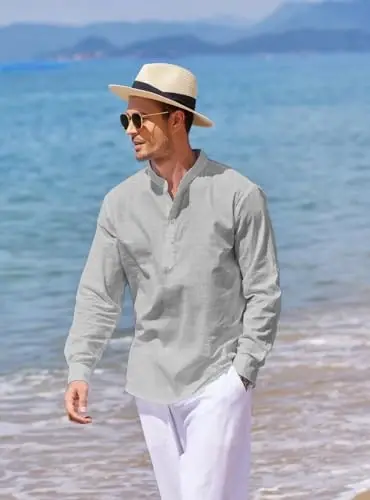 COOFANDY Men's Cotton Linen Henley T-Shirt Long Sleeve Hippie Casual Beach T-Shirts - 3