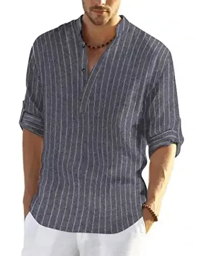 COOFANDY Men's Cotton Linen Henley T-Shirt Long Sleeve Hippie Casual Beach T-Shirts 