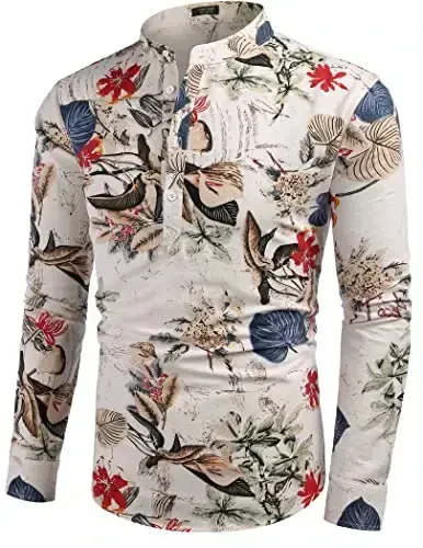 COOFANDY Men's Cotton Linen Henley T-Shirt Long Sleeve Hippie Casual Beach T-Shirts - COOFANDY (1)