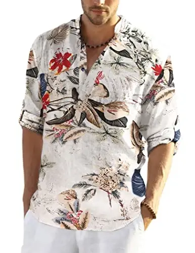 COOFANDY Men's Cotton Linen Henley T-Shirt Long Sleeve Hippie Casual Beach T-Shirts - 1