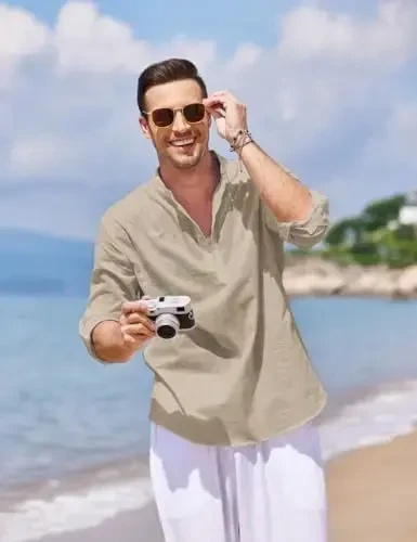 COOFANDY Men's Cotton Linen Henley T-Shirt Long Sleeve Hippie Casual Beach T-Shirts - COOFANDY (1)