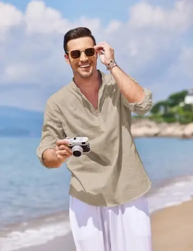 COOFANDY Men's Cotton Linen Henley T-Shirt Long Sleeve Hippie Casual Beach T-Shirts - COOFANDY (1)