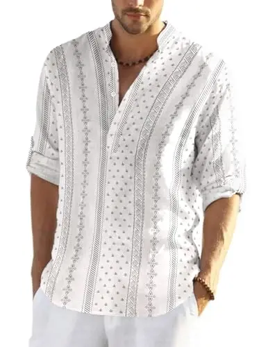 COOFANDY Men's Cotton Linen Henley T-Shirt Long Sleeve Hippie Casual Beach T-Shirts - COOFANDY