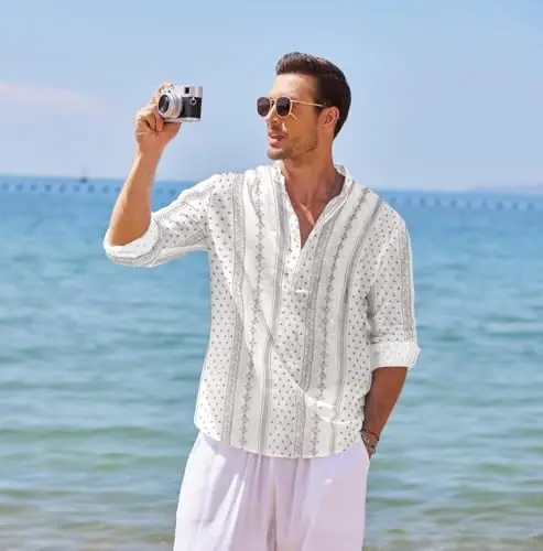 COOFANDY Men's Cotton Linen Henley T-Shirt Long Sleeve Hippie Casual Beach T-Shirts - 3