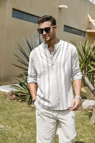 COOFANDY Men's Cotton Linen Henley T-Shirt Long Sleeve Hippie Casual Beach T-Shirts - 4