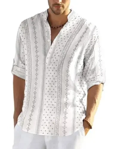 COOFANDY Men's Cotton Linen Henley T-Shirt Long Sleeve Hippie Casual Beach T-Shirts 