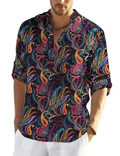 COOFANDY Men's Cotton Linen Henley T-Shirt Long Sleeve Hippie Casual Beach T-Shirts - 1