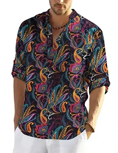 COOFANDY Men's Cotton Linen Henley T-Shirt Long Sleeve Hippie Casual Beach T-Shirts 