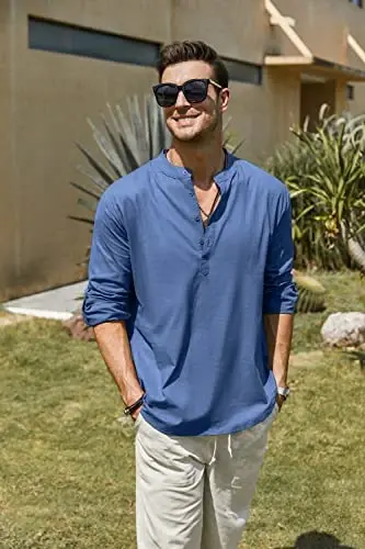COOFANDY Men's Cotton Linen Henley T-Shirt Long Sleeve Hippie Casual Beach T-Shirts - 4