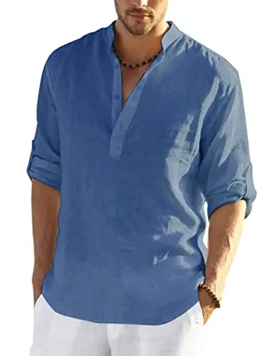 COOFANDY Men's Cotton Linen Henley T-Shirt Long Sleeve Hippie Casual Beach T-Shirts - 1
