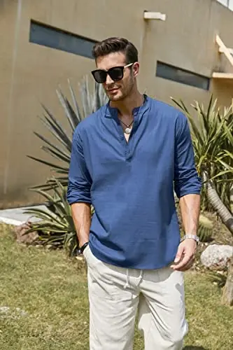 COOFANDY Men's Cotton Linen Henley T-Shirt Long Sleeve Hippie Casual Beach T-Shirts - 3