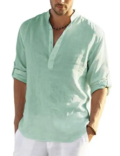 COOFANDY Men's Cotton Linen Henley T-Shirt Long Sleeve Hippie Casual Beach T-Shirts - 1