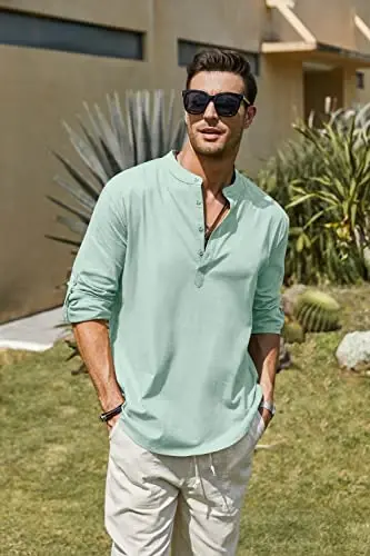 COOFANDY Men's Cotton Linen Henley T-Shirt Long Sleeve Hippie Casual Beach T-Shirts - 3