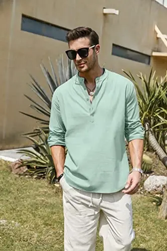COOFANDY Men's Cotton Linen Henley T-Shirt Long Sleeve Hippie Casual Beach T-Shirts - 4