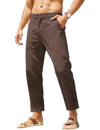 COOFANDY Men's Cotton Linen Pants Elastic Waist Lightweight Casual Pants Relaxed Fit Yoga Beach Pants with Pockets 