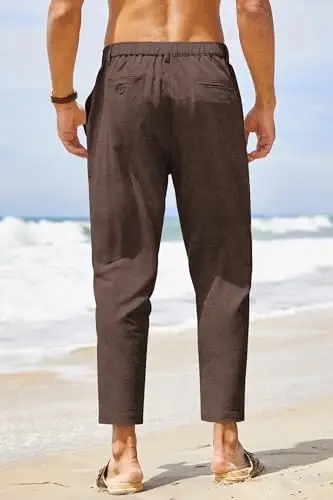 COOFANDY Men's Cotton Linen Pants Elastic Waist Lightweight Casual Pants Relaxed Fit Yoga Beach Pants with Pockets - 2