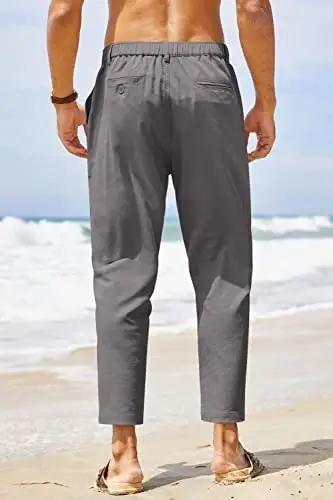 COOFANDY Men's Cotton Linen Pants Elastic Waist Lightweight Casual Pants Relaxed Fit Yoga Beach Pants with Pockets - 4