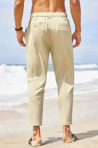 COOFANDY Men's Cotton Linen Pants Elastic Waist Lightweight Casual Pants Relaxed Fit Yoga Beach Pants with Pockets - 4