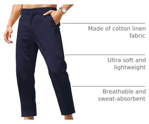 COOFANDY Men's Cotton Linen Pants Elastic Waist Lightweight Casual Pants Relaxed Fit Yoga Beach Pants with Pockets 