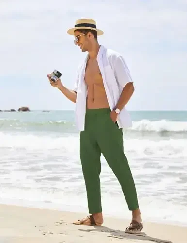 COOFANDY Men's Cotton Linen Pants Elastic Waist Lightweight Casual Pants Relaxed Fit Yoga Beach Pants with Pockets - 4