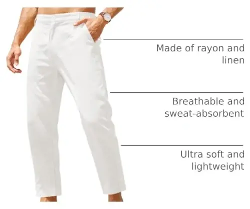COOFANDY Men's Cotton Linen Pants Elastic Waist Lightweight Casual Pants Relaxed Fit Yoga Beach Pants with Pockets 
