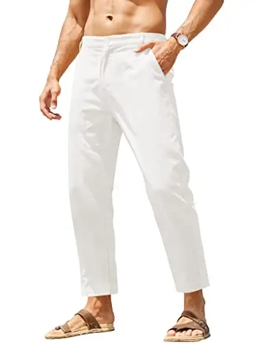COOFANDY Men's Cotton Linen Pants Elastic Waist Lightweight Casual Pants Relaxed Fit Yoga Beach Pants with Pockets - 1