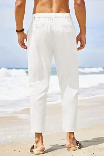 COOFANDY Men's Cotton Linen Pants Elastic Waist Lightweight Casual Pants Relaxed Fit Yoga Beach Pants with Pockets - 4