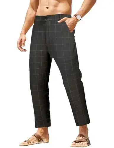 COOFANDY Men's Cotton Linen Pants Elastic Waist Lightweight Casual Pants Relaxed Fit Yoga Beach Pants with Pockets 