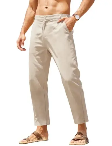 COOFANDY Men's Cotton Linen Pants Elastic Waist Lightweight Casual Pants Relaxed Fit Yoga Beach Pants with Pockets - COOFANDY