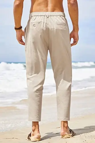 COOFANDY Men's Cotton Linen Pants Elastic Waist Lightweight Casual Pants Relaxed Fit Yoga Beach Pants with Pockets - 4
