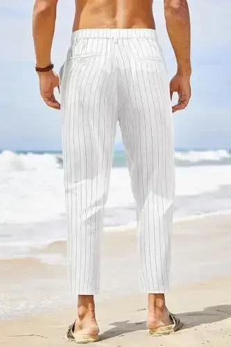 COOFANDY Men's Cotton Linen Pants Elastic Waist Lightweight Casual Pants Relaxed Fit Yoga Beach Pants with Pockets - 4